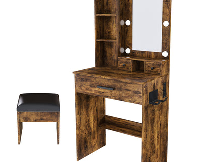 Vanity Table With Mirror, Adjustable LED Lights, Power Outlet, Hairdryer Holder & Stool