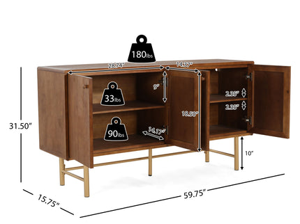 Modern Scandinavian 4 Door Sideboard Storage Cabinet With Adjustable Shelves - Brown / Gold