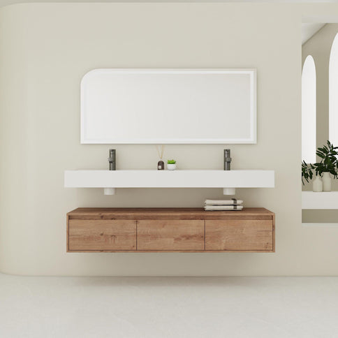 Contemporary Wall Mounted Bathroom Vanity With Dual Resin Sink And Soft Close Drawer