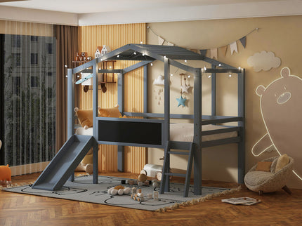Loft House Bed With Ladder And Slide, With board And Light Strip On The Roof
