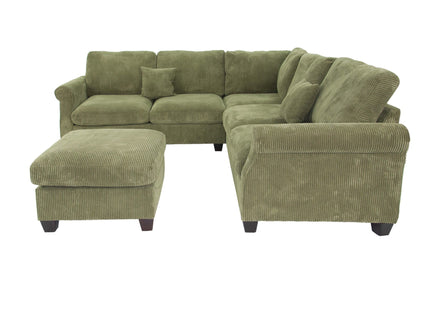 L - Sectional Sofa Set With Corner Wedge And Ottoman, 4 Piece Living Room Furniture - Sage