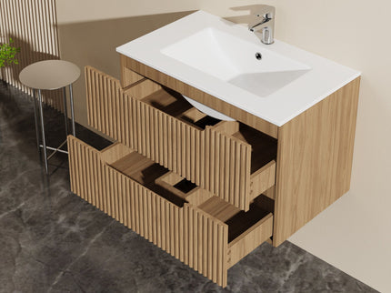 30" Wall Mounted Bathroom Vanity With Sink, Soft Close System, And Spacious Drawers - Walnut