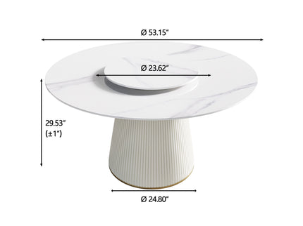 Modern Artificial Stone Round Plywood Base Dining Table, Can Accommodate 6 People, Artificial Stone Turntable (Not Including Chairs) - White / Beige