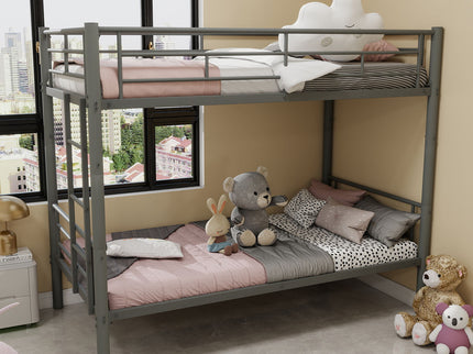 Metal Bunk Bed For Kids, Convertible Bedframe With Ladders & Guardrail