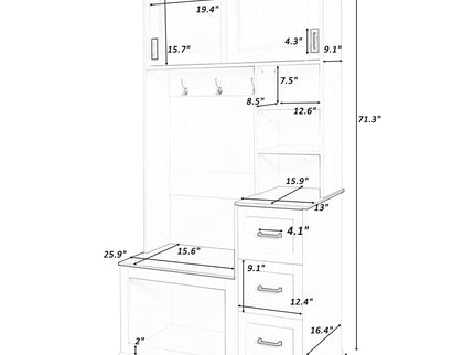 Modern Wide Hall Tree With Coat Rack, 3 Shelves And Drawers, 3 Sturdy Hooks