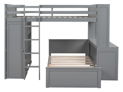 Loft Bed With A Twin Size Standalone Bed, Shelves, Desk, And Wardrobe