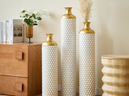 3 Piece Set Gorgeous Home Decoration Large Glazed Floor Vase Decoration Home Droplet Shaped - Gold / White