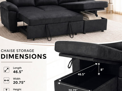 Convertible L - Sectional Sofa Bed With Storage Chaise And Padded Armrests