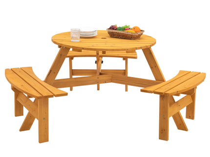 6 Person Circular Outdoor Wooden Picnic Table For Patio, Backyard, Garden, Diy With 3 Built-In Benches, 1720Lb Capacity