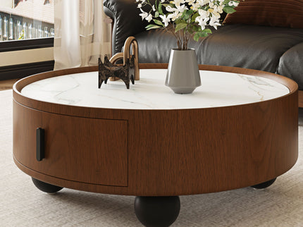 Round Coffee Table With Ball Feet, Pull Handle Storage Drawer - Bouguer Walnut / Brown