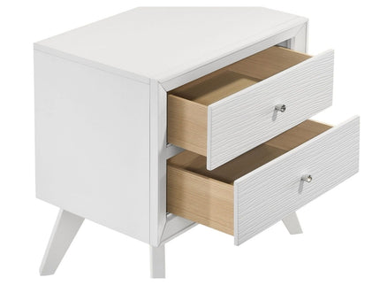 Nightstand With Angled Legs, Round Knobs, Wave Texture, 2 Drawer Bedside Table - White