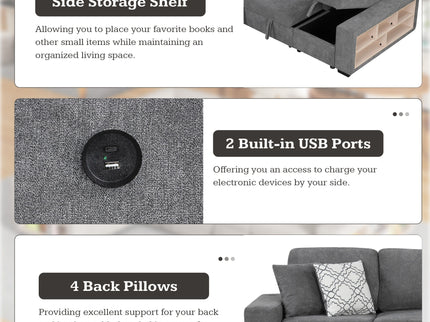 U-Shaped Sectional Sofa Pull-Out Sofa Bed With Two USB Ports, A Storage Chaise Lounge And Four Back Pillows For Living Room