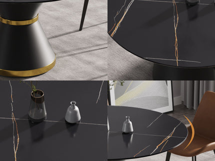 Round Modern Artificial Stone Carbon Steel Base Dining Table, Can Accommodate 6 People - Black