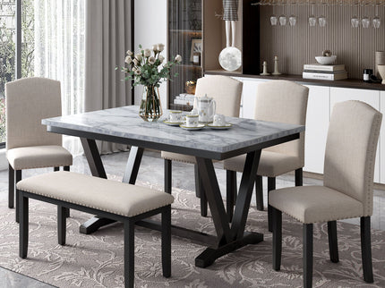 6 Piece Dining Table Modern Style With 4 Chairs & 1 Bench, Table With Marbled Veneers Tabletop And V-Shaped Table Legs - White