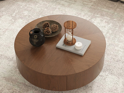 Drum Shaped Coffee Table With Hidden Storage Drawer, Low Profile For Living Room - Walnut