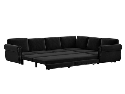 L-Shaped Sofa Couch With Pull Out Bed With Nailhead Trim & Rolled Arm
