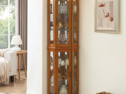 Corner Curio Cabinet With Lights, Adjustable Tempered Glass Shelves, Mirrored Back, Display Cabinet (E26 Light Bulb Not Included)
