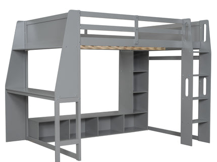 Full Size Gaming Loft Bed With Desk, Multi Storage Shelves, LED Lighting, And Hanging Clothes Rack - Gray