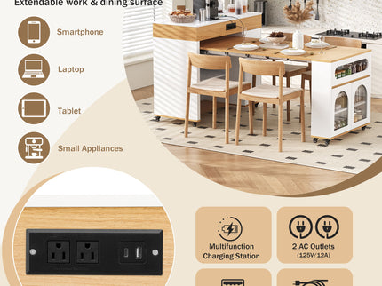Extendable Dining Table With Folding Top, Rolling Kitchen Island With Drawers And Power Outlet