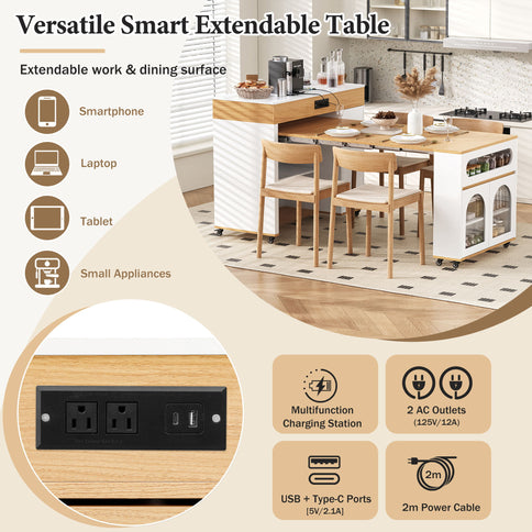 Extendable Dining Table With Folding Top, Rolling Kitchen Island With Drawers And Power Outlet