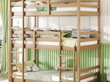 Twin Over Twin Over Twin Triple Bunk Bed With 2 Built In Ladders, Guardrails - Natural