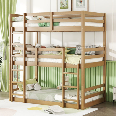Twin Over Twin Over Twin Triple Bunk Bed With 2 Built In Ladders, Guardrails - Natural