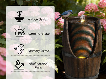 Rustic Barrel Water Fountain With LED Light