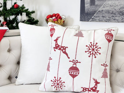 Christmas Throw Pillow With Embroidered Reindeer And Snowflakes - White
