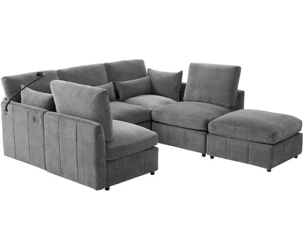Modern Modular U-Shaped Sofa Bed With Movable Ottoman, USB Ports, Phone Holder