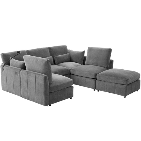 Modern Modular U-Shaped Sofa Bed With Movable Ottoman, USB Ports, Phone Holder