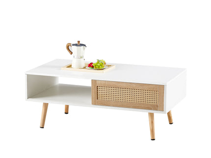 41.34" Rattan Coffee Table, Sliding Door For Storage, Solid Wood Legs, Modern Table For Living Room