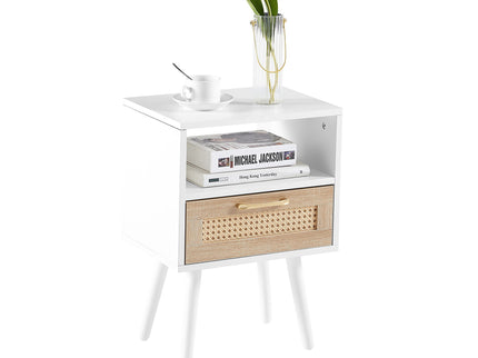 15.75" Rattan End Table With Drawer And Solid Wood Legs, Modern Nightstand, Side Table For Living Room, Bedroom