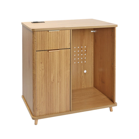 Fluted Coffee Bar Cabinet With Mini Fridge Space & Charging Station - Natural