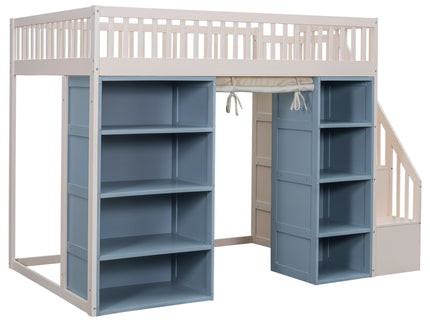 Full Size Loft Bed With 2 Four Layer Storage Cabinets And Curtain With Built In Staircase And Privacy Curtain - White