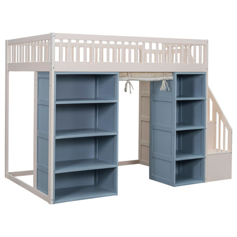 Full Size Loft Bed With 2 Four Layer Storage Cabinets And Curtain With Built In Staircase And Privacy Curtain - White