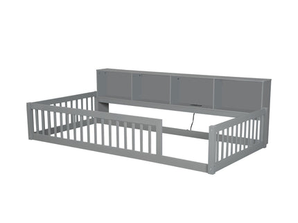 Twin Long Floor Bed With Storage Cabinets And USB Ports - Gray