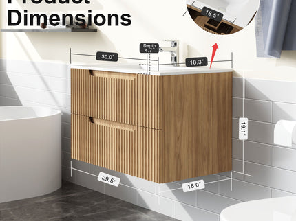 30" Wall Mounted Bathroom Vanity With Sink, Soft Close System, And Spacious Drawers - Walnut