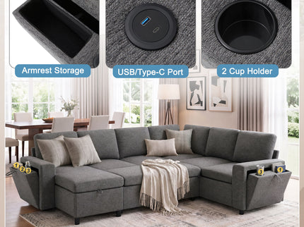 U - Shaped Convertible Sectional Sofa Bed With Storage, USB Charger & Cup Holders