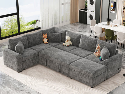Sectional Sofa Pull-Out Sofa Bed Sleeper With A Storage Ottoman, Three Pillows And Charging Devices For Living Room
