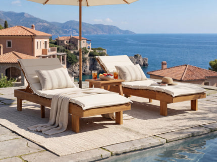 Chaise Lounge With Multi Fold Cushion, 3 Position Adjustable Backrest For Patio - Beige / Teak