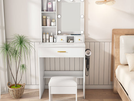 Vanity Table With Mirror, Adjustable LED Lights, Power Outlet, Hairdryer Holder & Stool