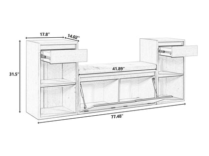 Entryway Storage Bench With Cushion, Drawers & Open Shelves