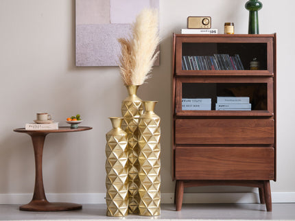 Metal Decorative Vase High Distress Metal Center Vase With 3D Triangle Pattern, (Set of 3) Vases For Home Decoration - Gold