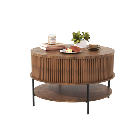 Lift Top Coffee Table, Round Storage Cocktail Table With Reinforced Legs, Safe Rounded Design - Brown