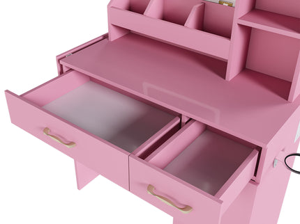 Vanity Desk With LED Mirror Lights And Power Outlet Charging Station, 3 Drawers, 7 Shelves, Storage Stool - Pink