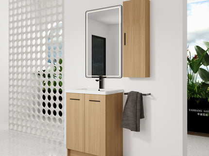 Freestanding Bathroom Vanity Set With Tall Linen Cabinet, Single Sink, Extra Storage, Soft Close Doors - Glossy White / Light Oak