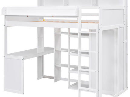 Loft Bed With Built In Desk, Storage Shelves, And Wardrobe