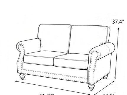 Loveseat Sofa With Nailhead Detail & Turned Legs, 2 Seater Upholstered Couch