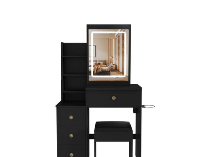 Vanity Desk With 3 LED Lighting Modes, 4 Drawers, Open Shelves, Hair Dryer Holder & Power Socket Dressing Table Set With Chair - Black