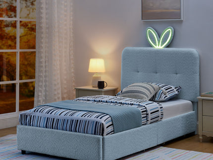 Upholstered Bed With Oversized Rabbit Ear Headboard, LED Lights & 4 Storage Drawers